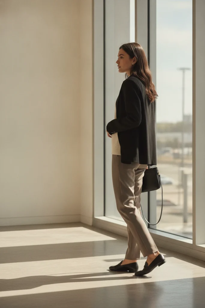 Structured black shacket outfit for work with an ivory shell and tailored trousers