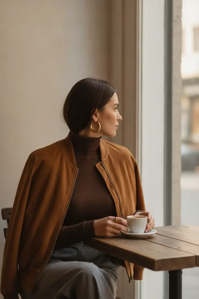 Suede bomber jacket over a chocolate turtleneck with gray wide-leg trousers at a cafe table