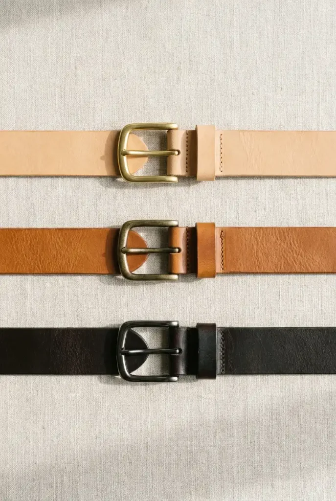 Three brown leather belts in camel, caramel and espresso showing shade spacing