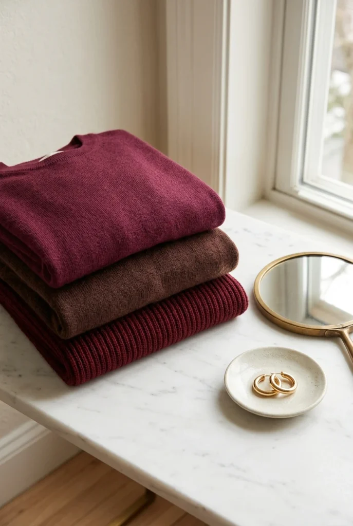 Three burgundy sweaters stacked on a marble vanity to compare wine, oxblood, and berry shades