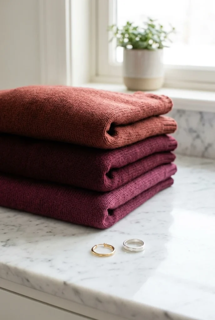 Three folded sweaters in different burgundy shades on a marble vanity with gold and silver jewelry