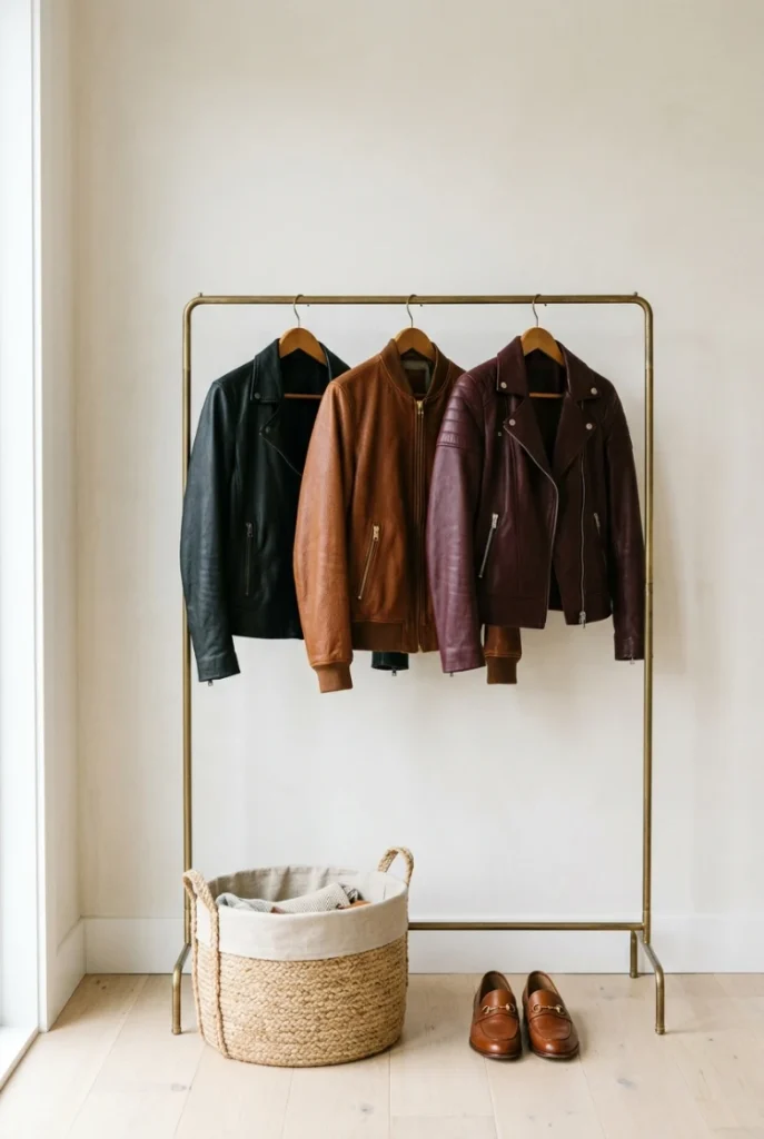 Three leather jackets in black, cognac and burgundy hanging on a brass rack in a bright closet