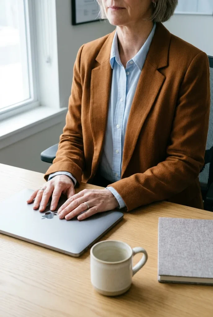 Tobacco brown blazer worn open over a pale blue shirt at a desk
