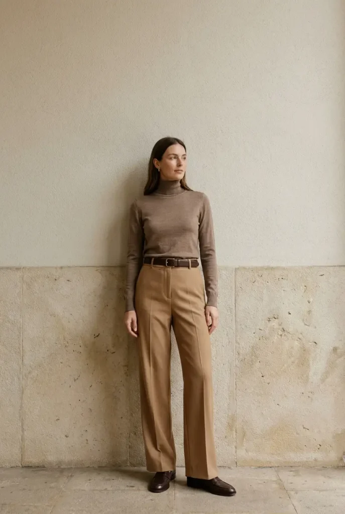 Tonal all brown outfit in mushroom, tan and chocolate against a stucco wall