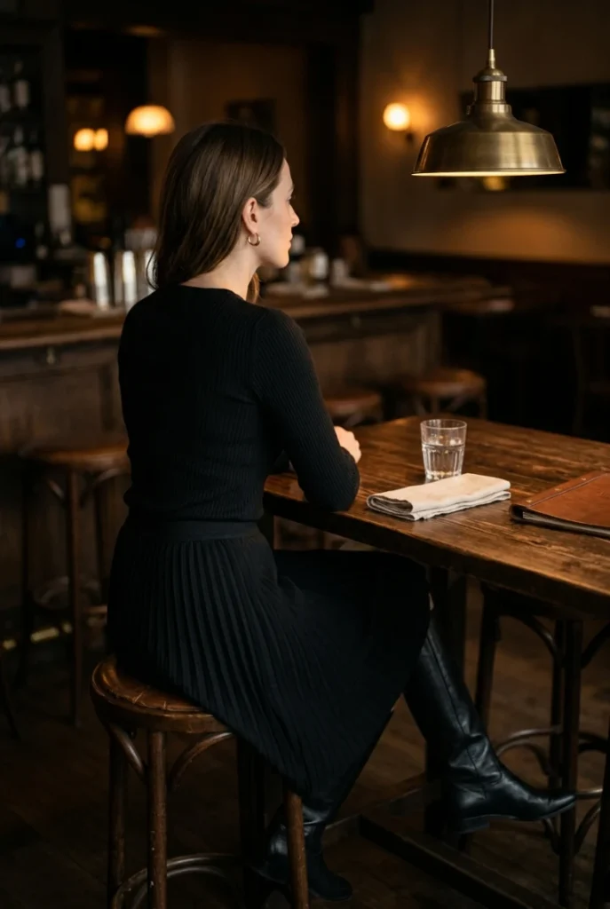 Tonal black fall outfit with ribbed long-sleeve top, midi skirt and tall boots in warm restaurant light