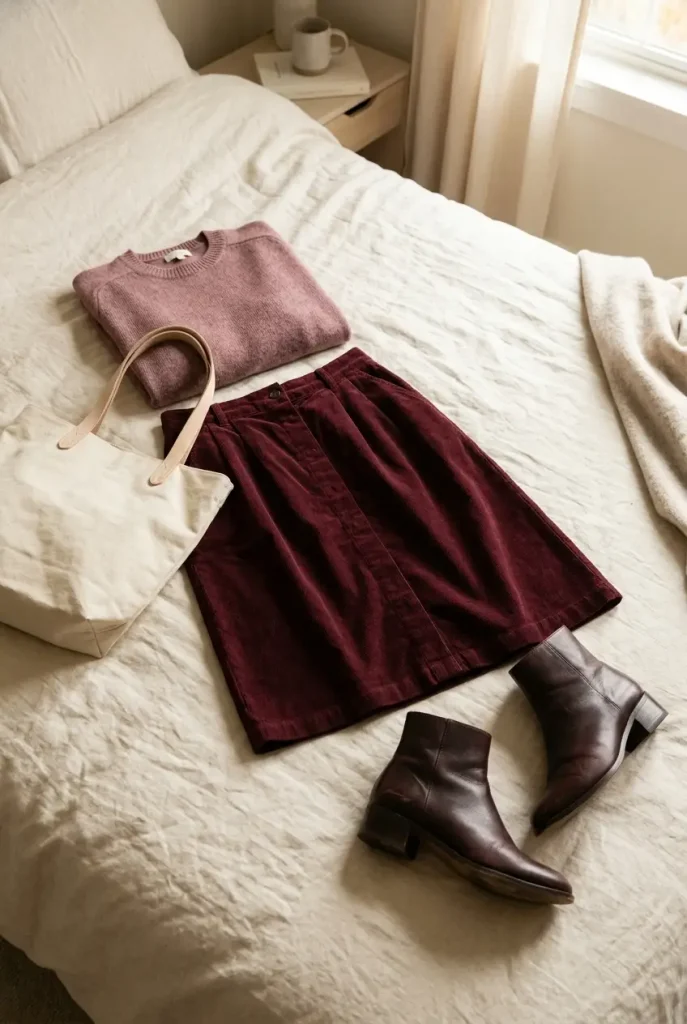 Tonal burgundy fall outfit laid on a bed with a wine knit, corduroy midi skirt and oxblood boots