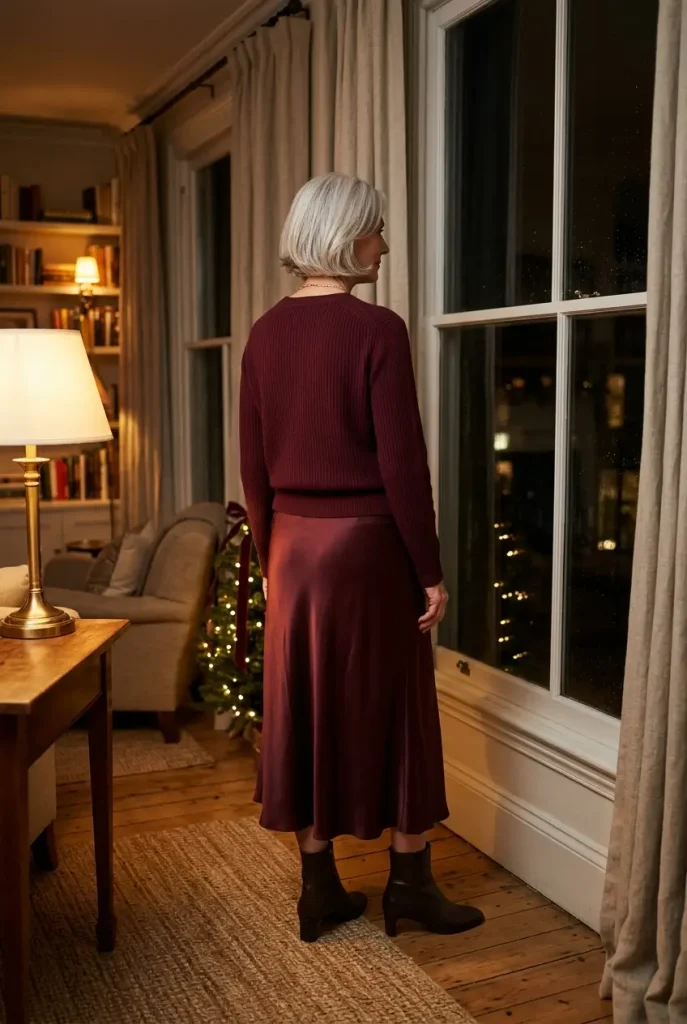 Tonal burgundy outfit with a ribbed knit sweater and satin midi skirt for women over 50