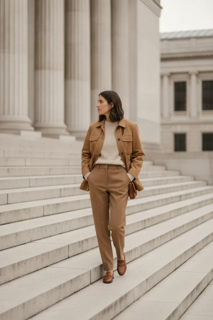 Tonal camel jacket outfit with a utility jacket, oat knit, and camel trousers on stone steps