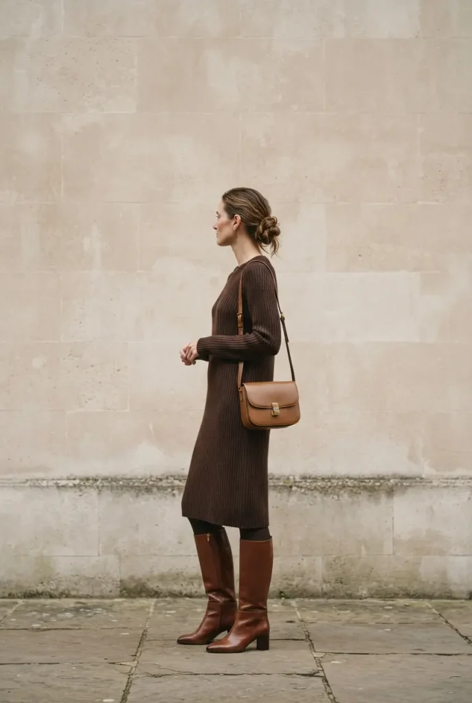 Tonal fall outfit with espresso tights, a brown knit dress, and brown knee boots