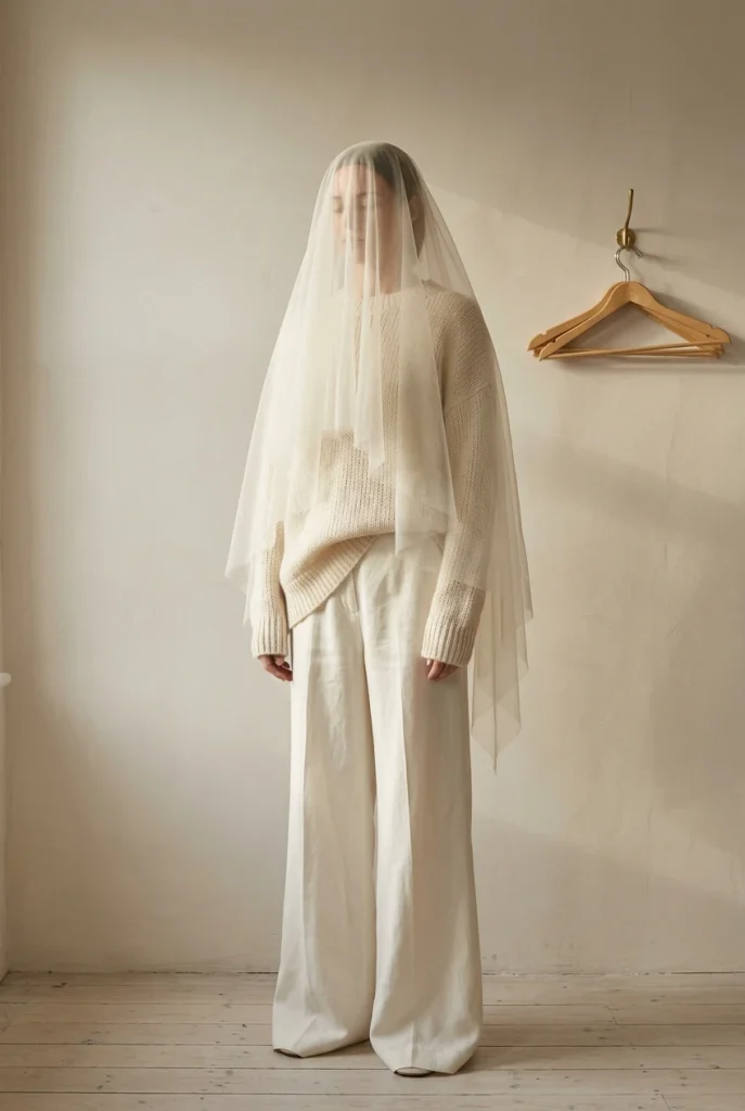 Tonal ivory ghost Halloween costume outfit made from a cream knit and wide-leg trousers