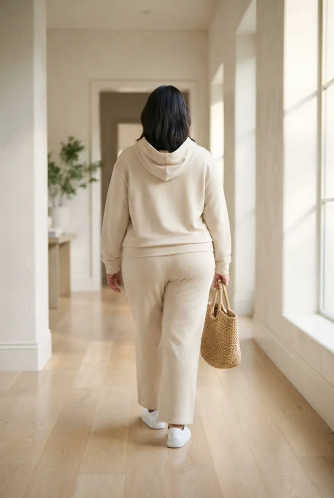 Tonal oat hoodie and sweatpants set with white leather sneakers, plus size everyday outfit.