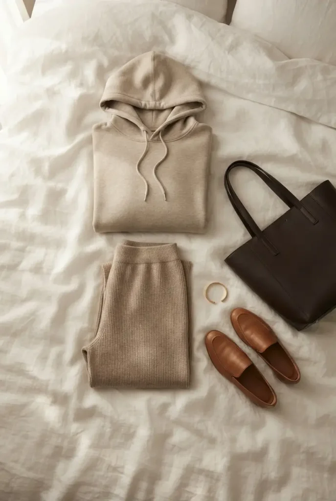 Tonal oat hoodie set flat-lay with ribbed trousers, leather tote and loafers