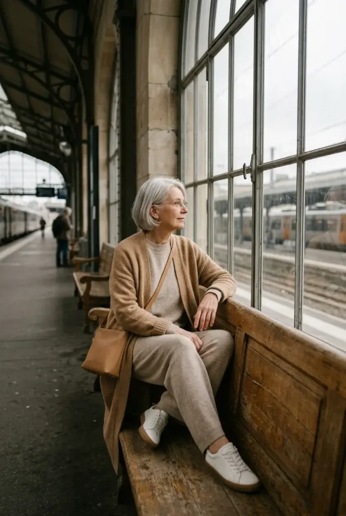 Tonal oatmeal knit set with a long cardigan and white sneakers, an easy fall travel outfit for women over 60