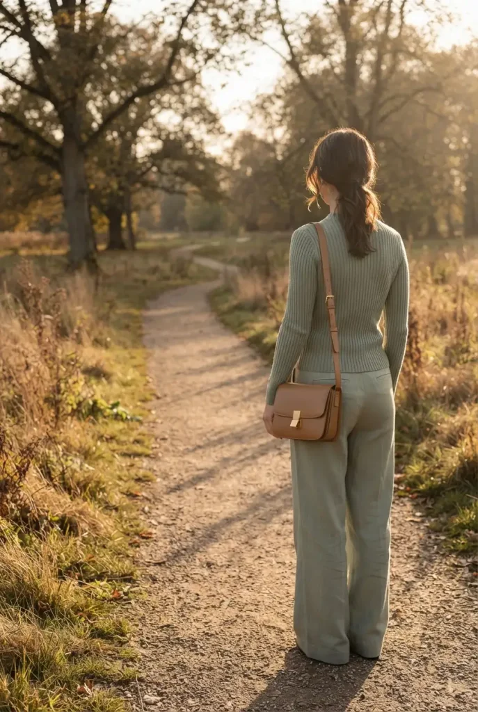 Tonal sage green outfit with a ribbed knit and linen trousers for curvy style