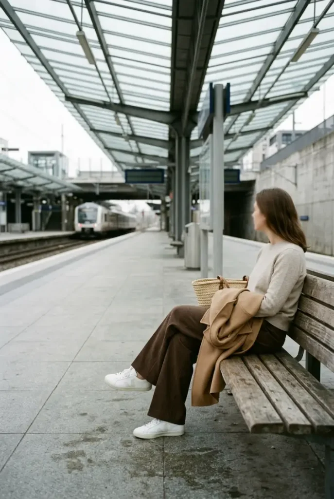 Travel day fall outfit with wide-leg trousers, oatmeal crewneck, white sneakers and a camel trench