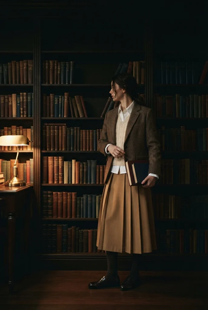Tweed blazer and sweater vest librarian costume for a plus size office Halloween.