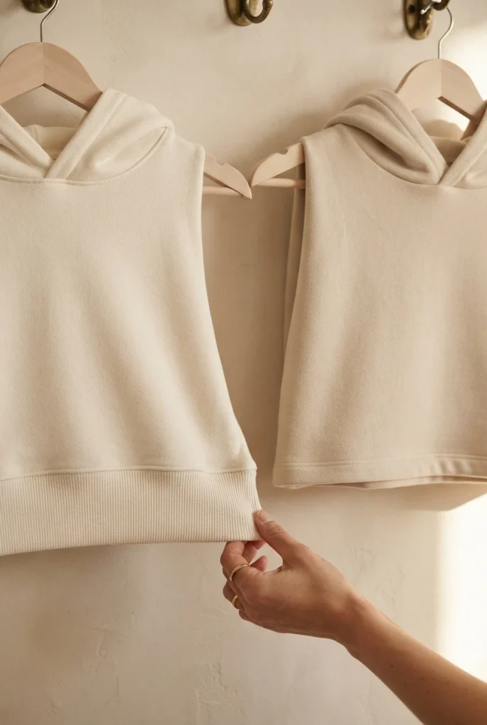 Two hoodie hems side by side on wooden hangers, ribbed banded hem next to a straight hem.