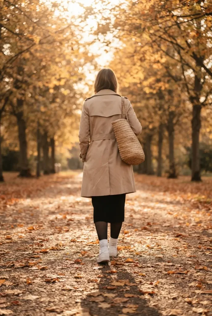 Weekend outfit with a trench coat, black tights, white crew socks, and white sneakers