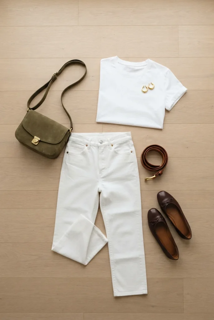 White tee and white jeans styled for fall with an olive crossbody, brown ballet flats and a cognac belt