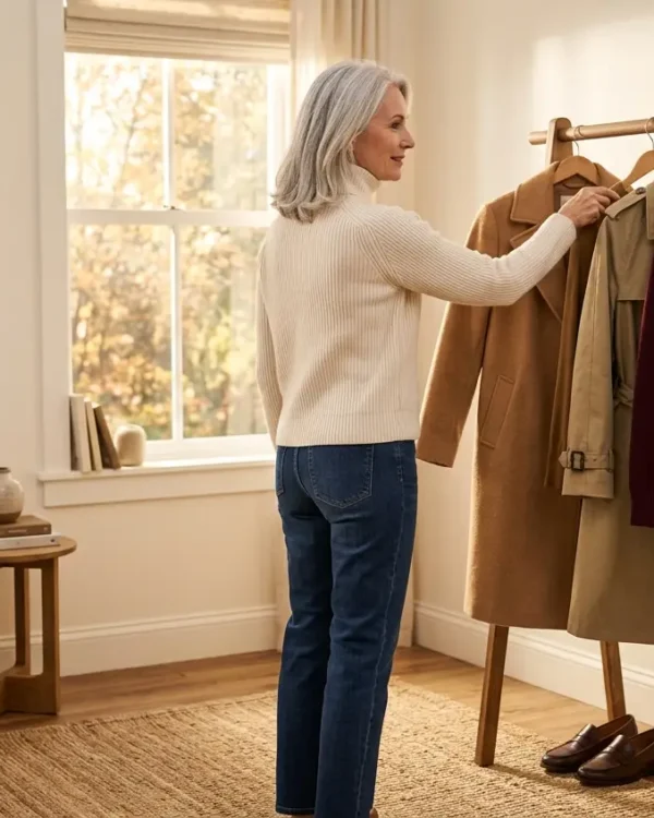 Woman choosing a camel coat from a small capsule rack, showing easy fall outfits for women over 60