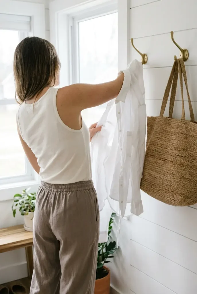 Woman hanging a linen shirt on a brass hook to show hot flash friendly loungewear layers over 50