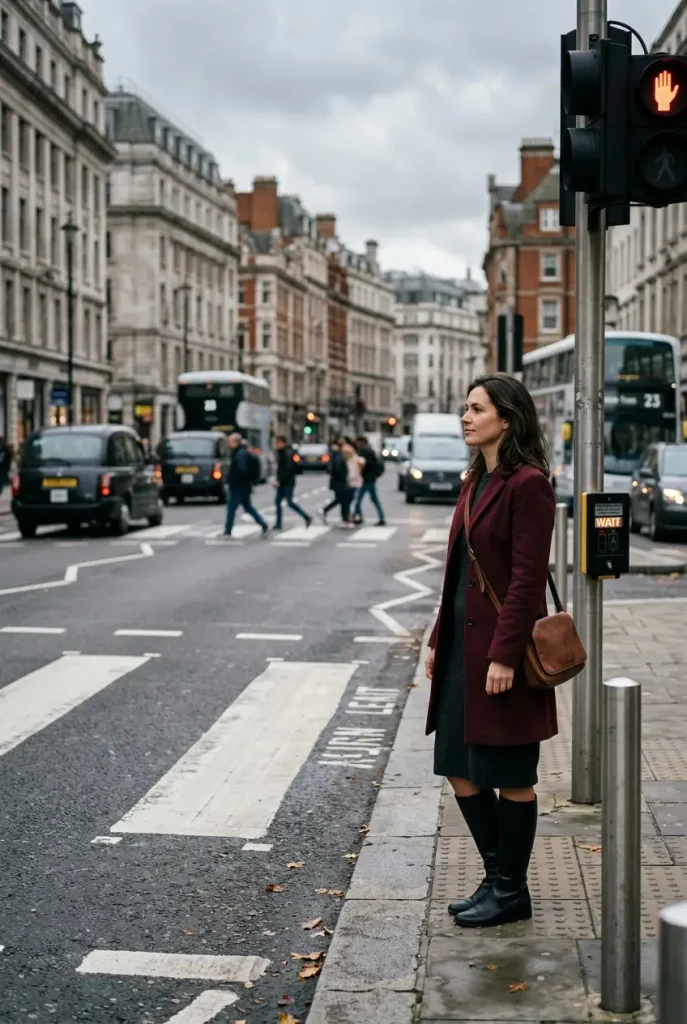 Woman in a burgundy wool coat over a charcoal knit dress and black boots on a fall city street