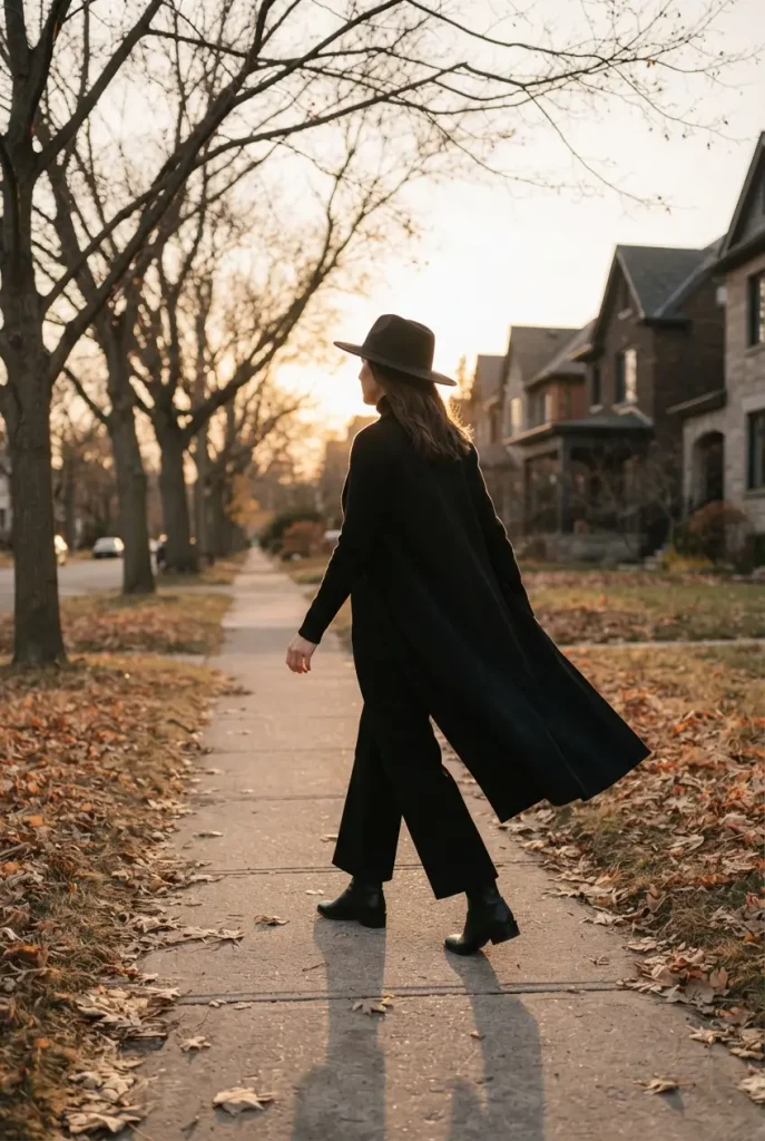 Woman in an all-black column outfit and wide-brim hat as an elegant witch Halloween costume.