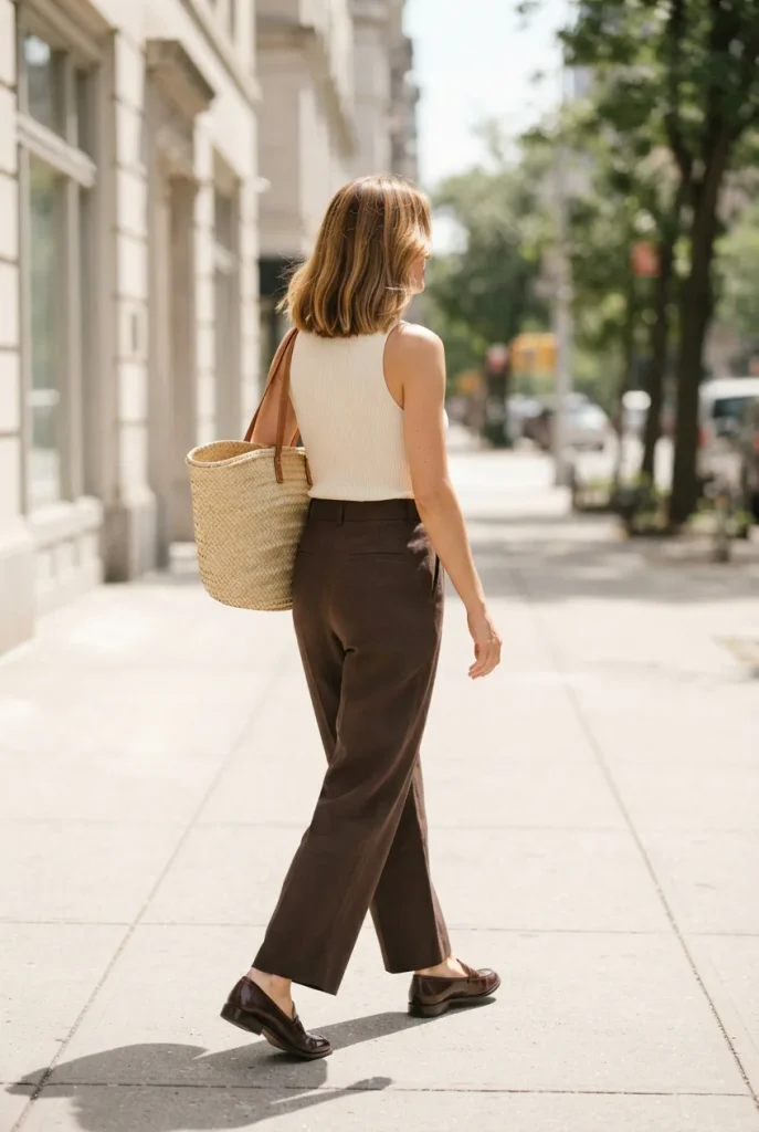 Woman in espresso wide-leg trousers and a cream knit tank, a warm-weather fall outfit on a sunny sidewalk