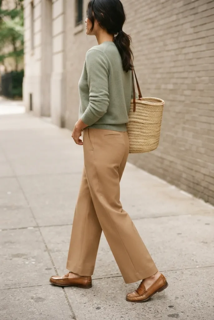 Woman in sage green knit and camel wide-leg trousers walking in tan loafers