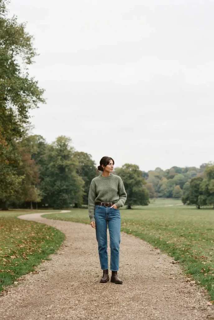 Woman in sage green knit and mid-wash jeans with brown boots on a park path