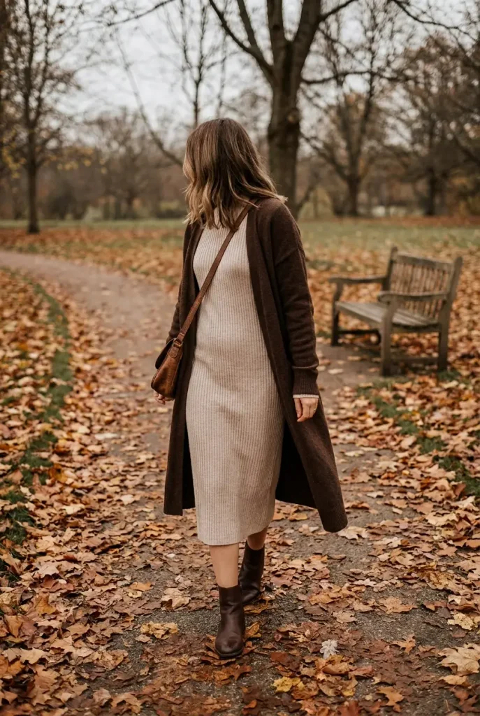 Woman on a fall park path in an oat sweater dress, long espresso cardigan, and ankle boots