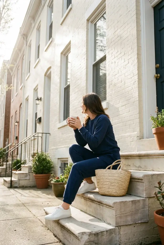 Woman on a front stoop in a matching navy sweatshirt set with white sneakers and a woven tote