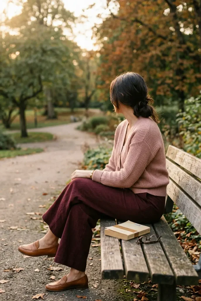 Woman on a park bench in a blush cardigan and burgundy wide-leg trousers with tan loafers