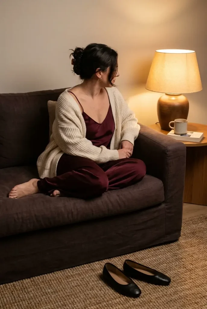 Woman on a sofa in a burgundy silky lounge set and long cream cardigan for date night in