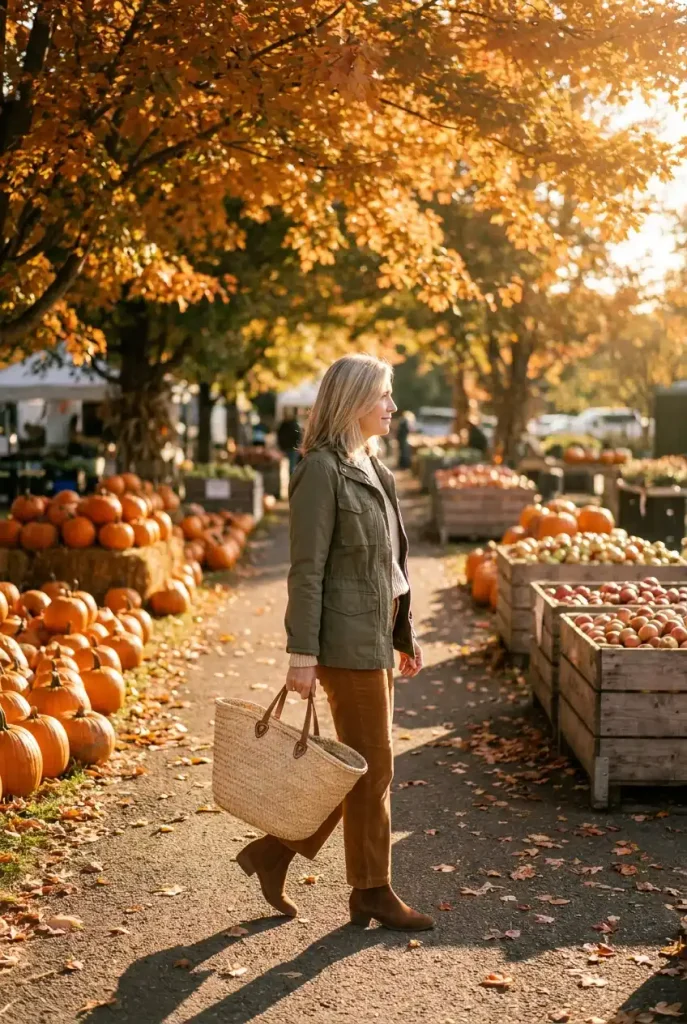 Woman over 50 at a fall farmers market in an olive jacket, fisherman sweater, and caramel corduroy pants