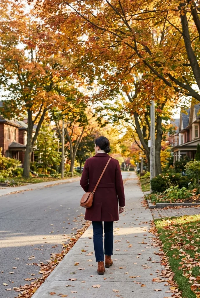 Woman over 50 in a burgundy wool coat, jeans, and cream turtleneck walking down a fall street