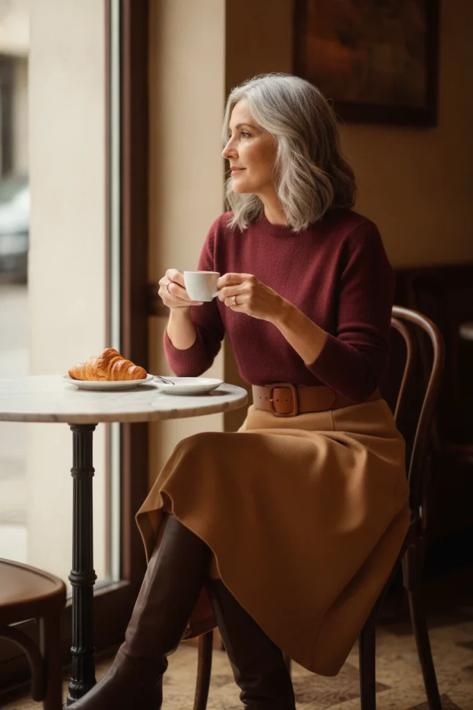 Woman over 50 in a café wearing a burgundy sweater, camel midi skirt, and brown knee-high boots
