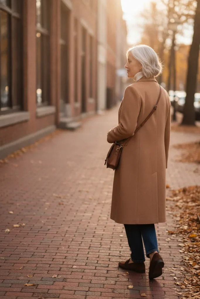 Woman over 50 in a camel coat, cream turtleneck, dark jeans, and suede loafers walking on a fall sidewalk