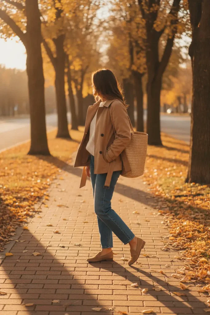 Woman over 50 in a camel cropped trench, cream knit, and straight jeans walking on a fall sidewalk