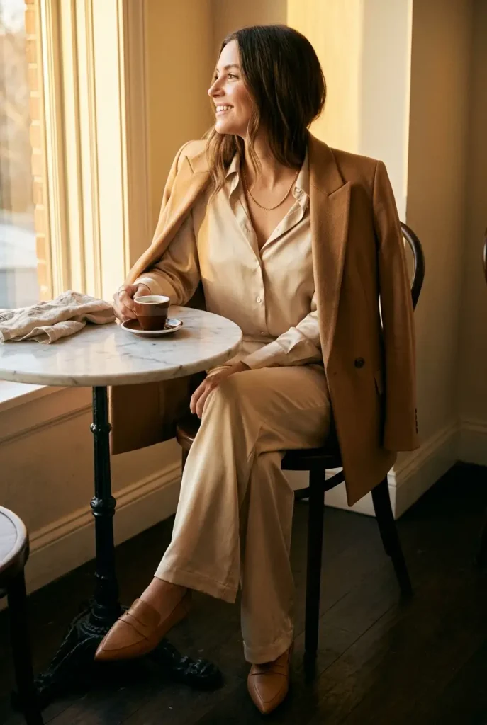 Woman over 50 in a dressy silky lounge set and camel blazer seated at a bistro table at golden hour