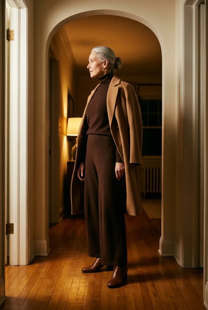 Woman over 50 in a head-to-toe chocolate brown outfit with a camel coat over her shoulders at night