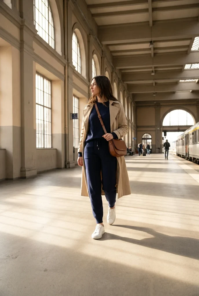 Woman over 50 in a navy knit travel set and beige trench coat walking on a train platform