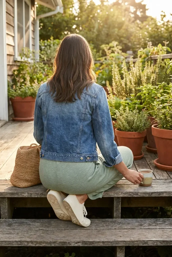 Woman over 50 in a sage knit jumpsuit and denim jacket sitting on porch steps at golden hour