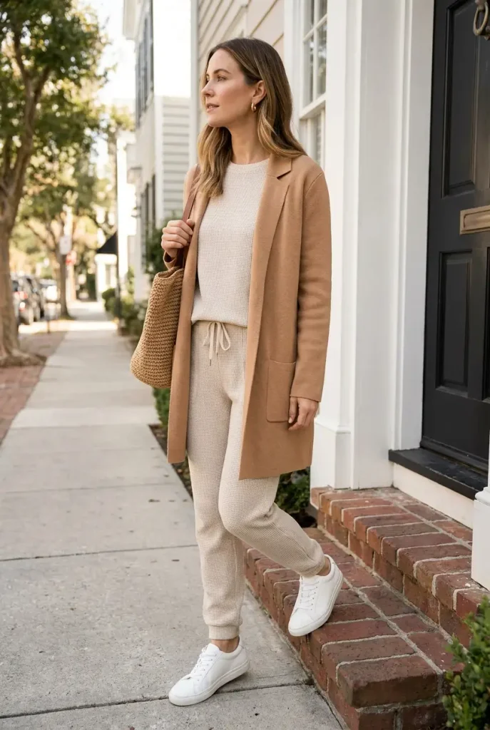 Loungewear Outfits for Women Over 50 in an oat waffle lounge set, long camel cardigan and white sneakers heading out for errands