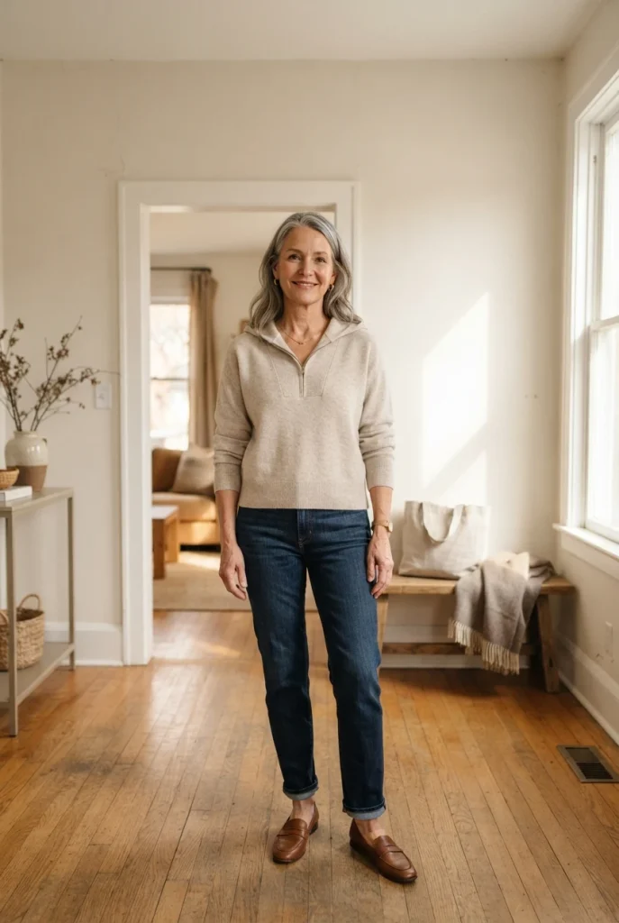 Woman over 50 in an oatmeal half-zip hoodie, dark jeans and loafers in a sunlit entryway