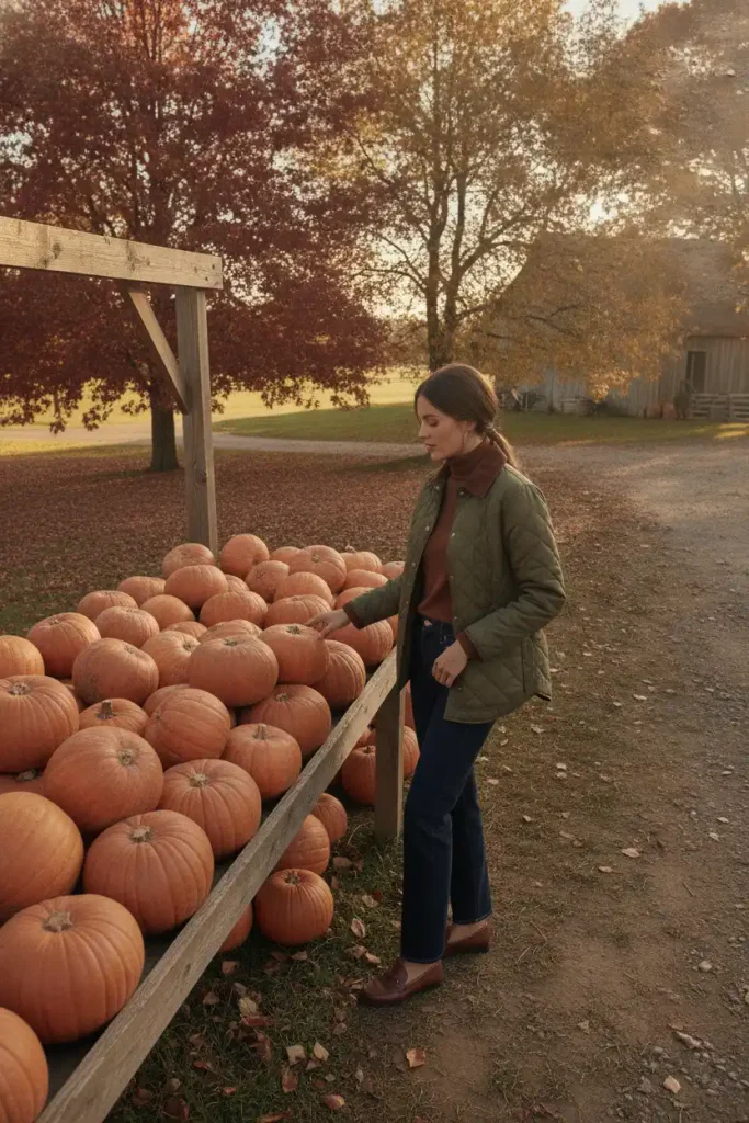 Woman over 50 in an olive quilted jacket and turtleneck at a fall farm stand