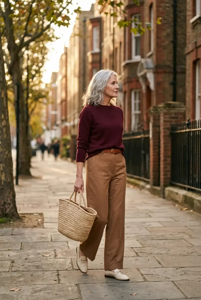 Woman over 50 walking in a burgundy sweater, camel trousers, and cream loafers on a city sidewalk. Burgundy Outfits for Women Over 50