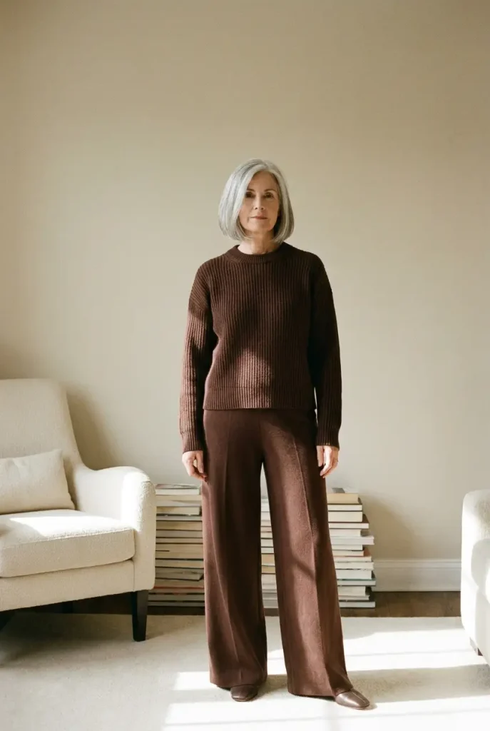 Woman over 50 with silver hair in a tonal chocolate brown sweater and trousers. Brown Outfits for Women Over 50