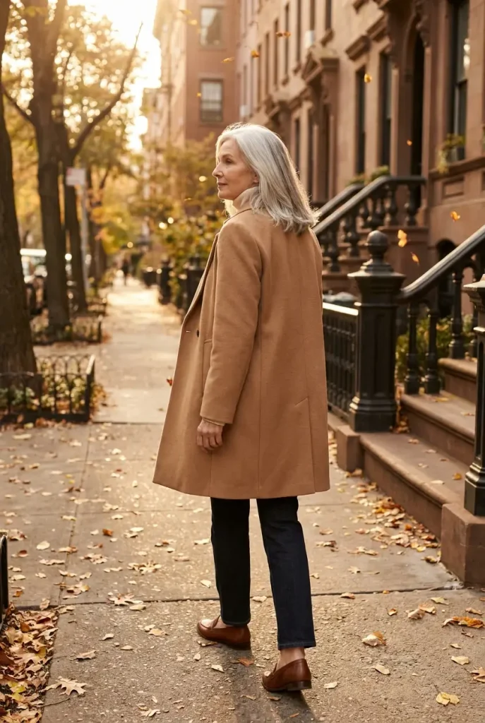 Woman over 60 in a camel coat, cream turtleneck and dark jeans walking on a fall city sidewalk