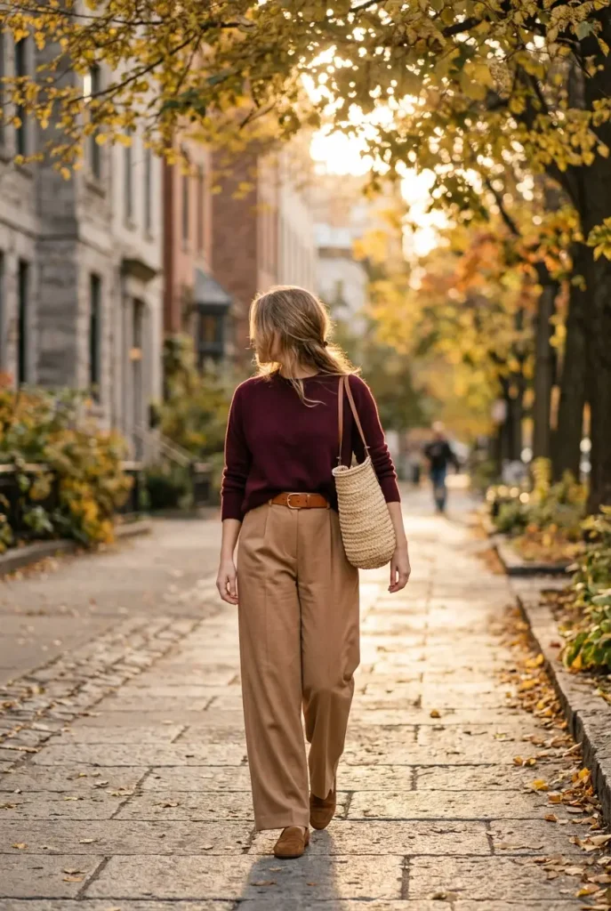Woman walking in a burgundy knit with camel wide-leg trousers and brown loafers on a fall sidewalk